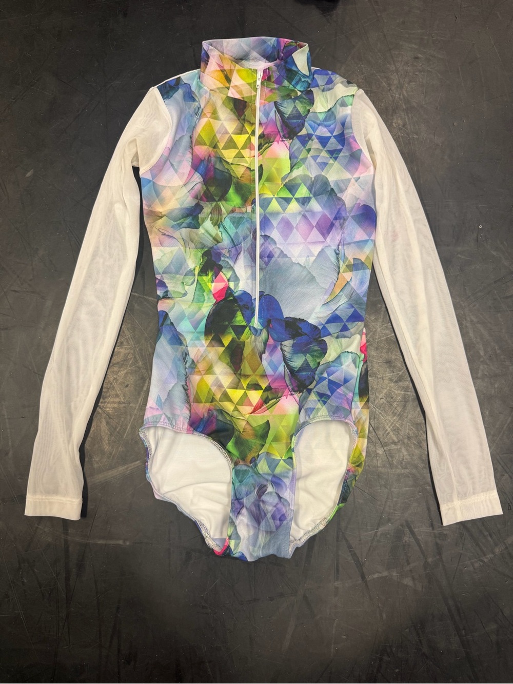 Eleve Multicolor Geometric Floral Long-Sleeve One-Piece with White Mesh Sleeves